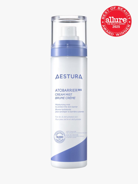 AESTURA ATOBARRIER365 Cream Mist in branded white and blue bottle with pump on light gray background with red Allure Best of Beauty seal in the top right corner