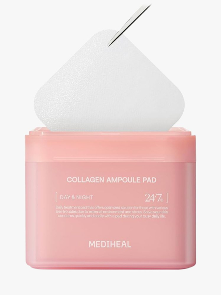 Mediheal Daily Collagen Ampoule Toner Pads in branded component on a light gray background